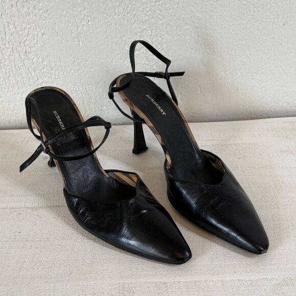 Burberry Slingback Heels Novacheck Black Leather Pointed Toe Size 39.5/US 9.5 - Picture 1 of 12